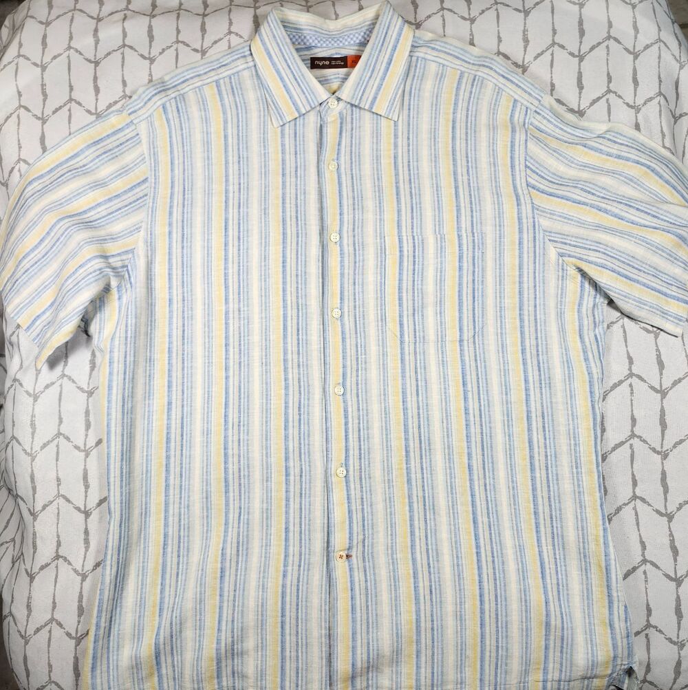 Linen Blend Shirt Button Up Short Sleeve Striped Yellow Blue Mens XL Casual